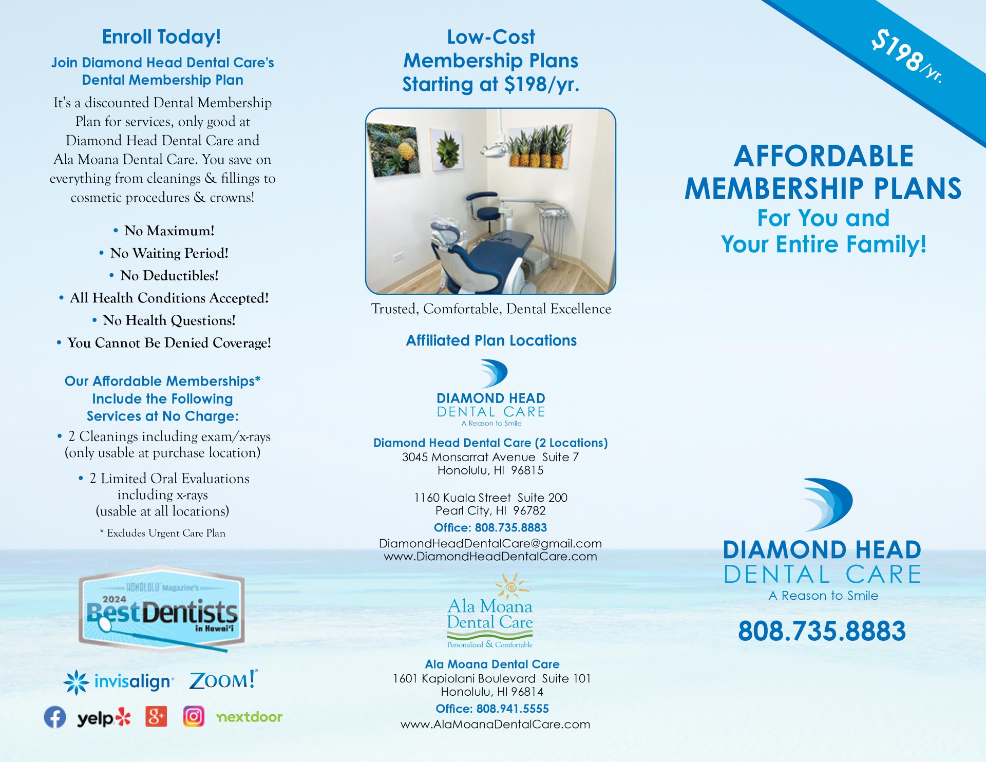 The image shows a flyer advertising dental membership plans, featuring a photograph of a dental office interior with a sign for Diamond Head Dental Care and an invitation to join their membership program.
