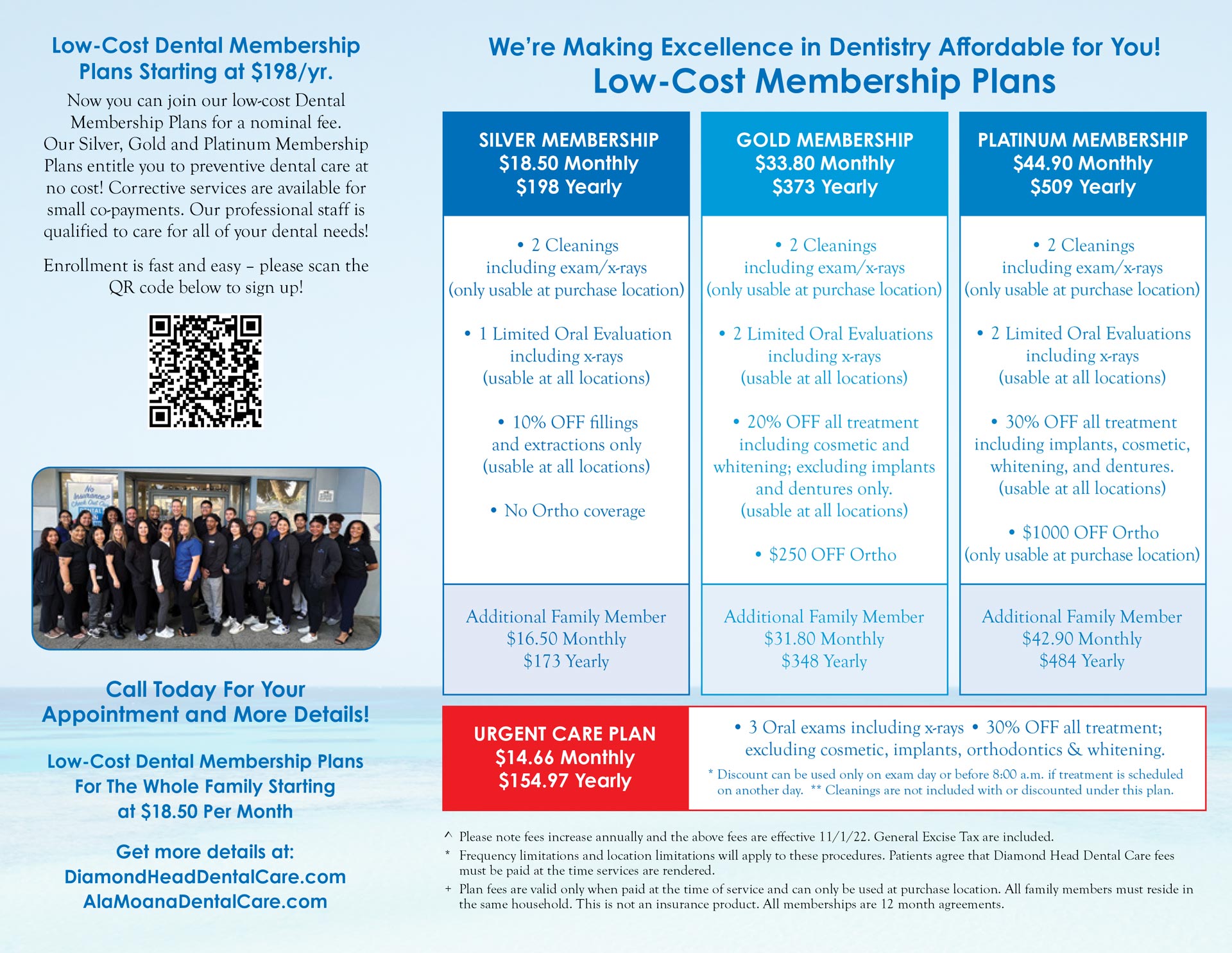 The image displays a flyer with text providing information about dental membership plans offered by a dental practice. It includes details such as cost, benefits, and a QR code for more information.